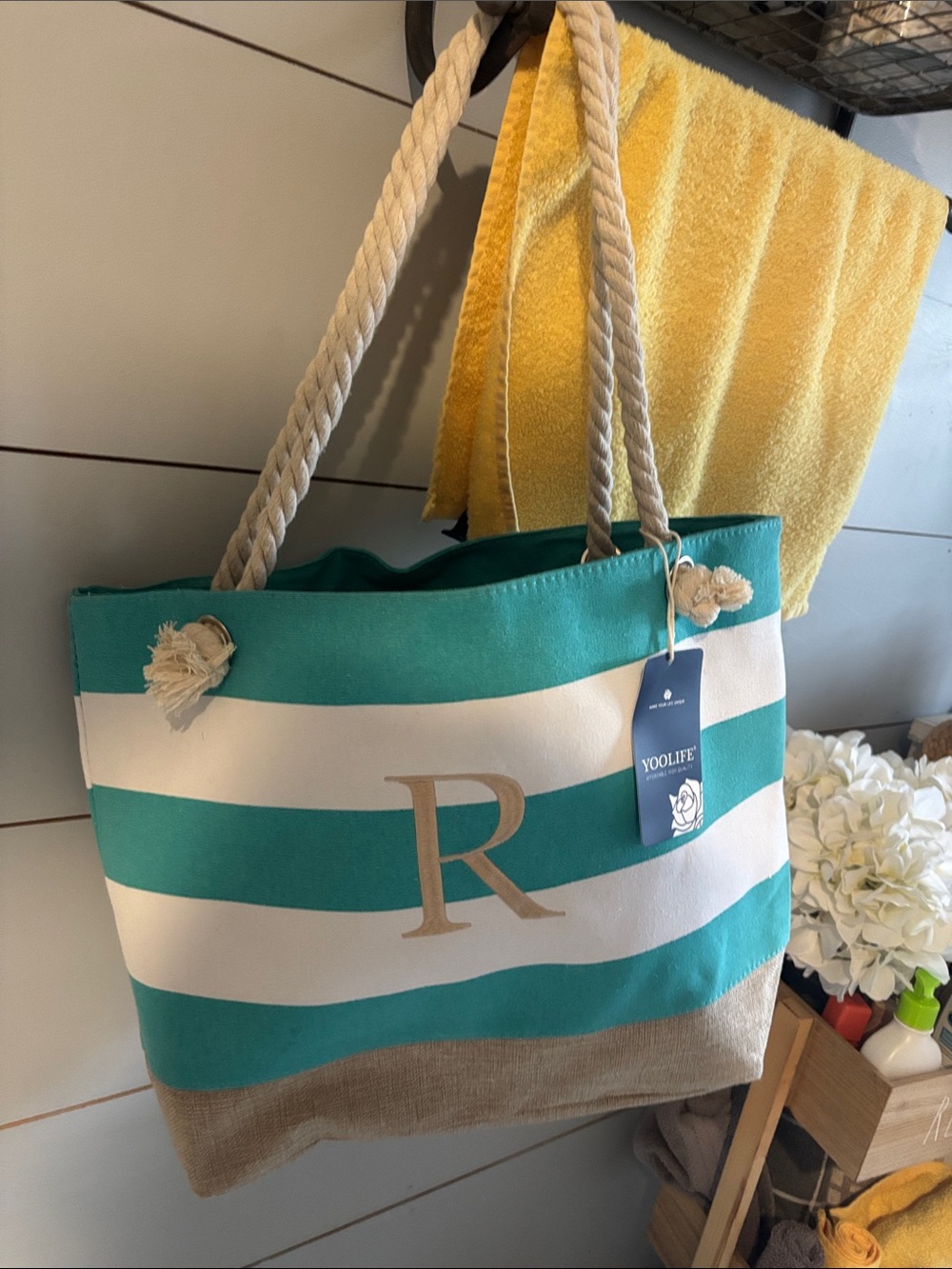 Teal and White Striped Tote Bag with Rope Handles